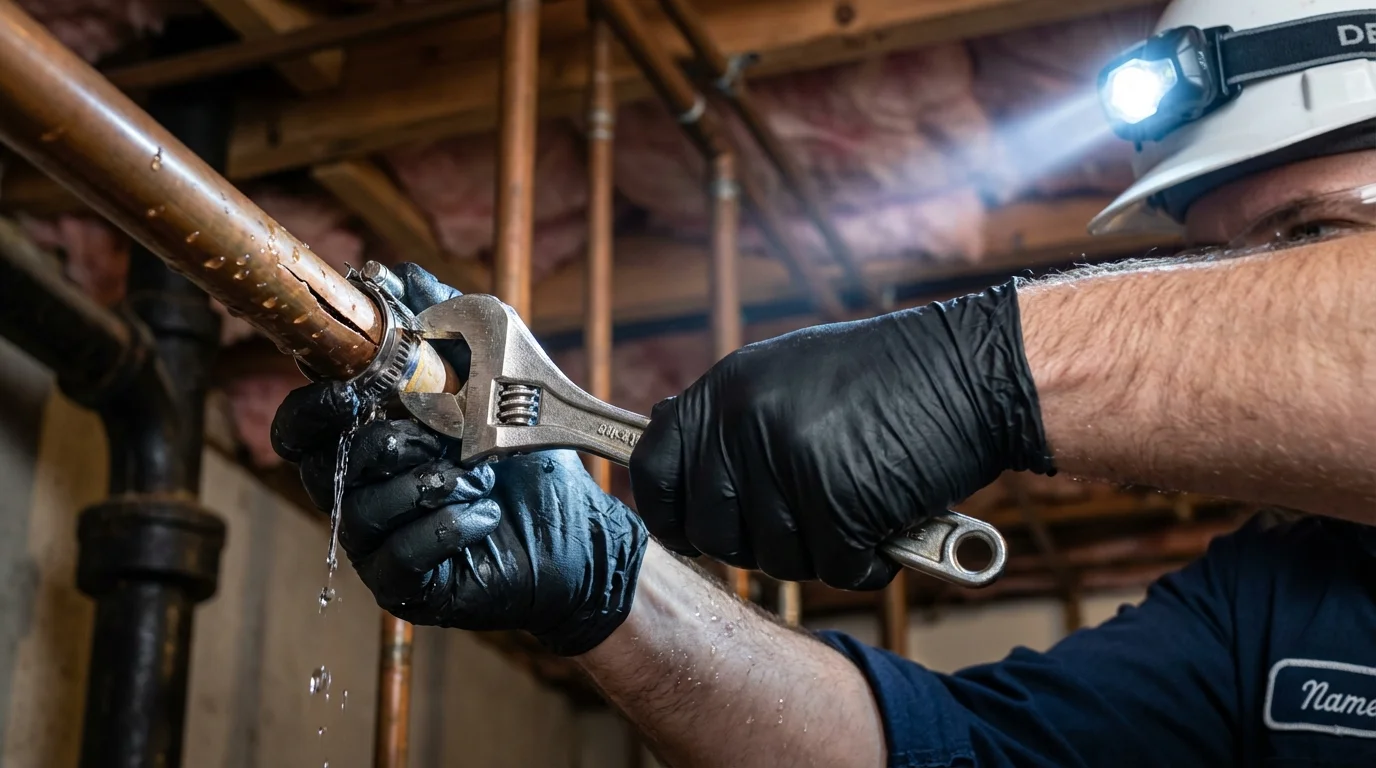 Emergency pipe clamp repair being performed by a Johns Plumbing LLC plumber in Vian